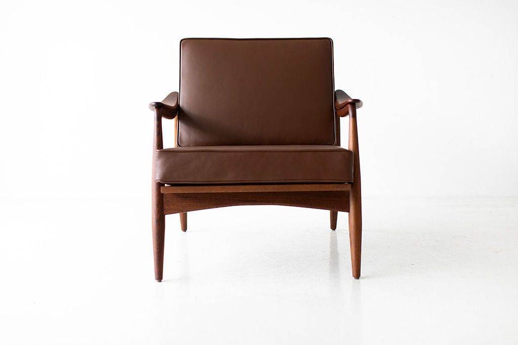 Lawrence Peabody Leather Cane Back Teak Lounge Chair, image 1