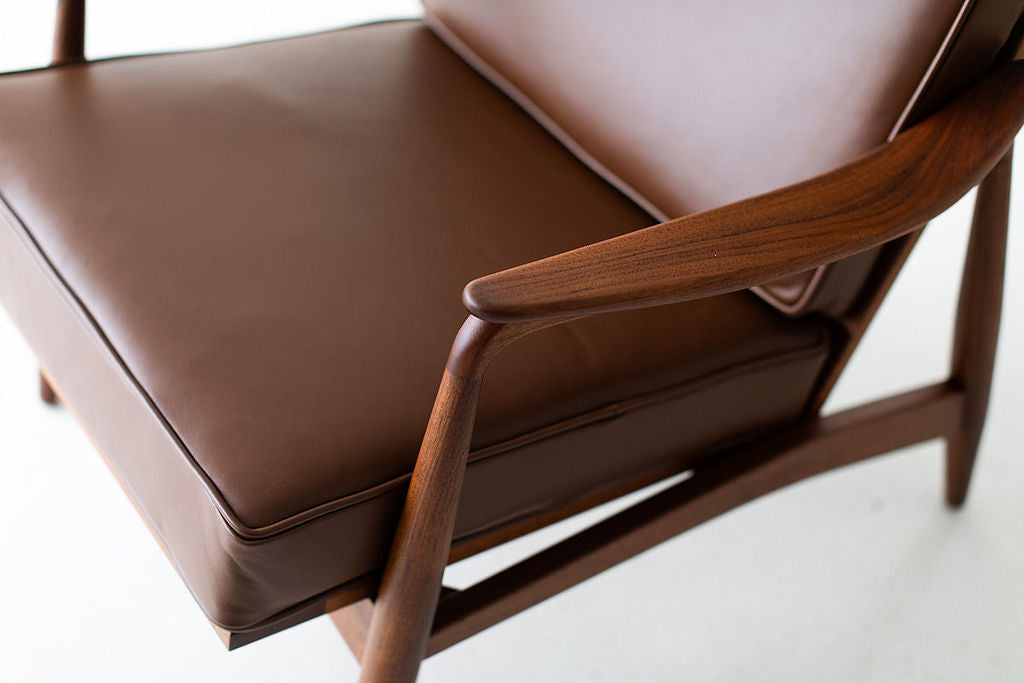 Lawrence Peabody Leather Cane Back Teak Lounge Chair, image 3