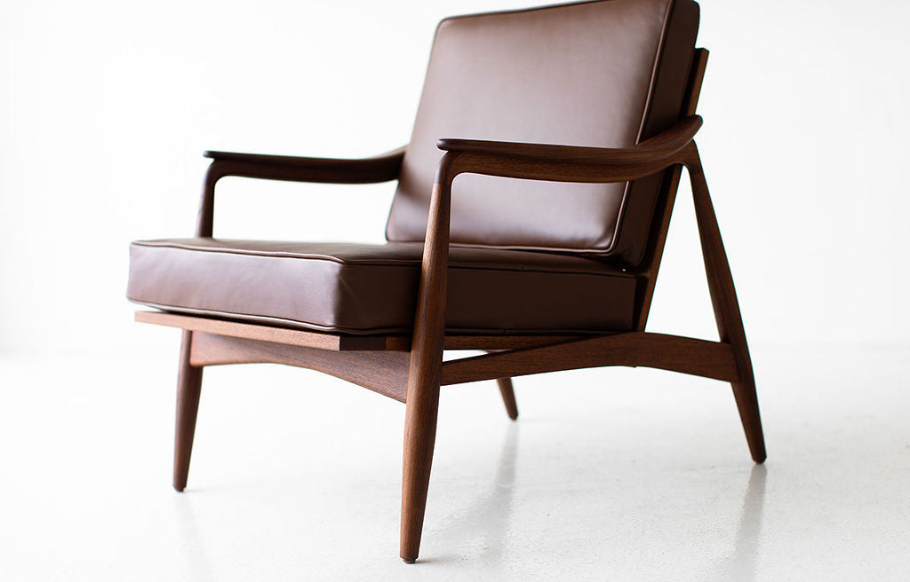 Lawrence Peabody Leather Cane Back Teak Lounge Chair, image 6