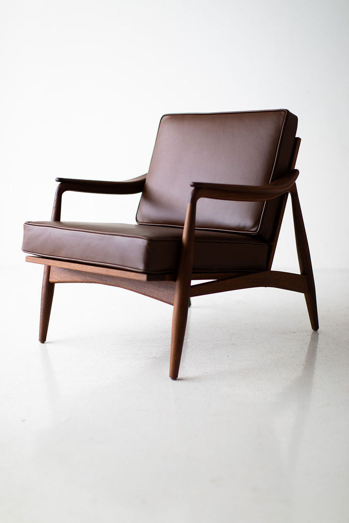 Lawrence Peabody Leather Cane Back Teak Lounge Chair, image 7