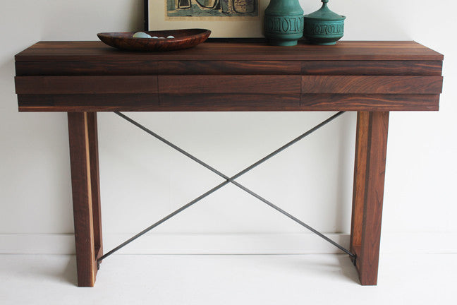 Craft Associates® Console Table in luxury mid century modern walnut, front view with a hand-built X-braced base