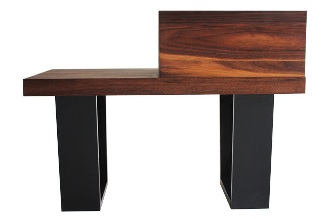 Craft Associates® End Table in luxury mid century modern walnut, angled view with a tapered black metal base