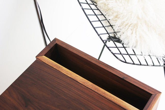 Close-up of the End Table's walnut top, showing the recessed tray detail and wood grain
