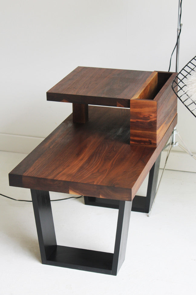 Craft Associates® End Table in luxury mid century modern walnut, front view showing the tiered tabletop design